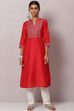 Red Solid Festive Straight Kurta