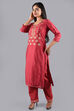 Red Muslin Cotton Easy Stitch Suit Set image number 4