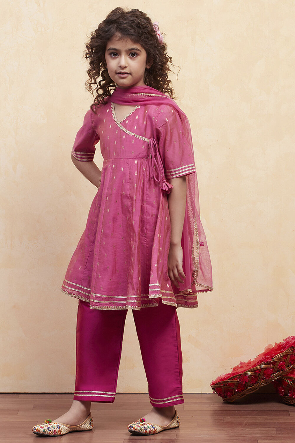 Pink Yarn Dyed Angrakha Anarkali Suit Set image number 3