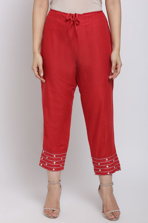 Red Cotton Straight Pants image number 0