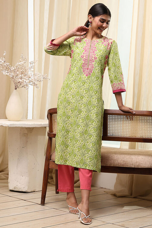 Green Cotton Printed Straight Kurta image number 0
