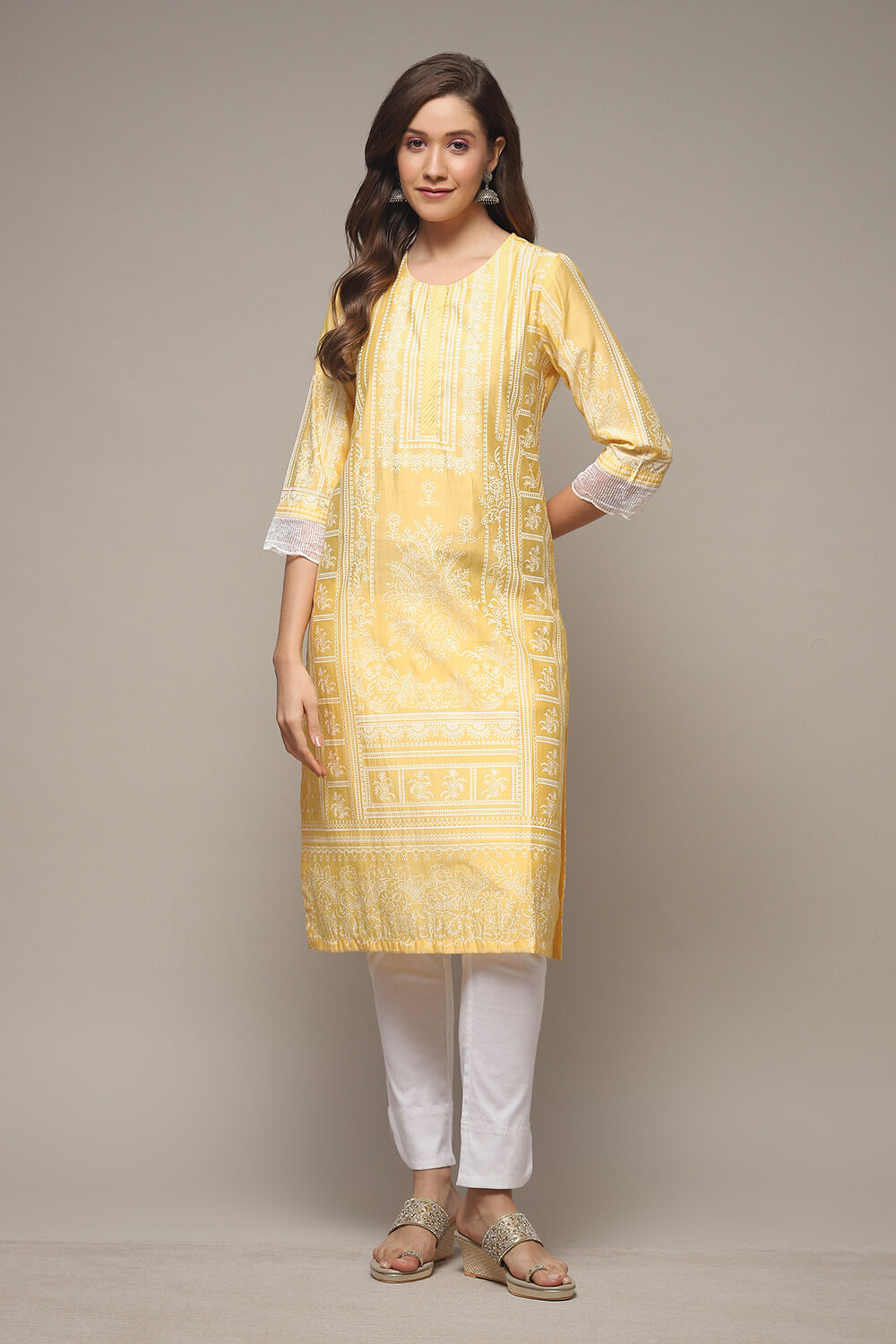 Yellow Viscose Straight Printed Kurta image number 1