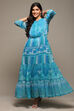 Blue Cotton Blend Tiered Printed Dress