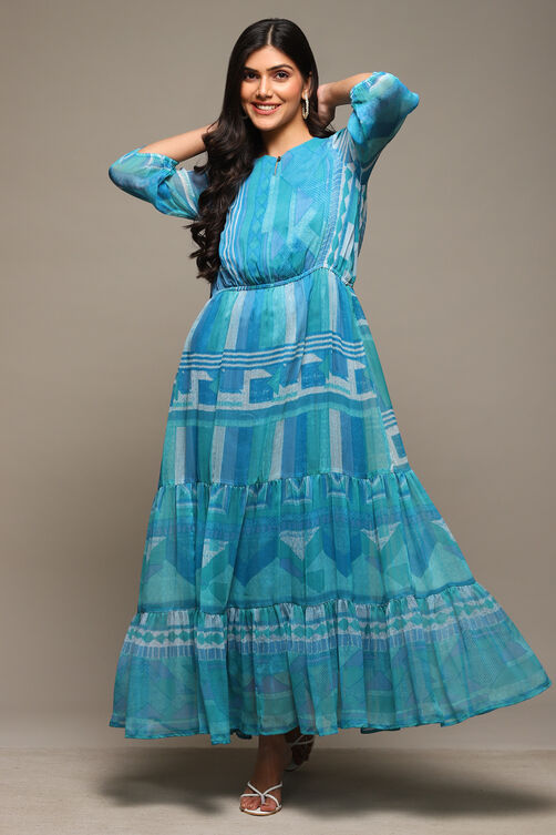 Black Cotton Blend Tiered Printed Dress image number 0