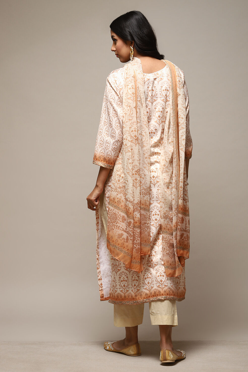 Beige Cotton Screen Print Unstitched Suit Set image number 5