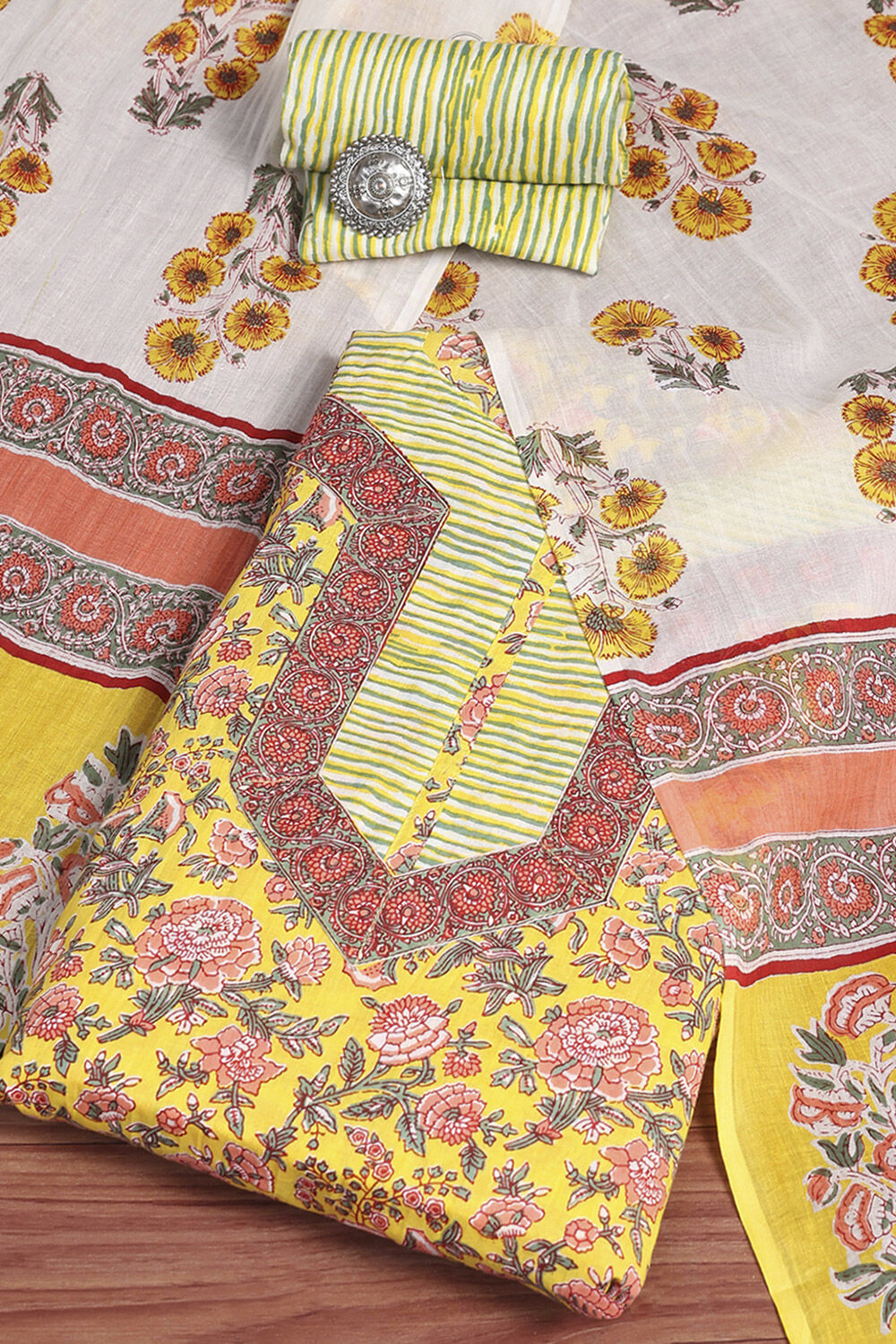 Buy Yellow Cotton Screen Print Unstitched Suit Set Online at Biba