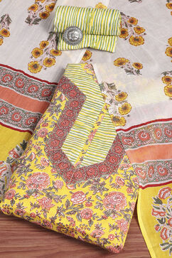 Yellow Cotton Screen Print Unstitched Suit Set image number 0