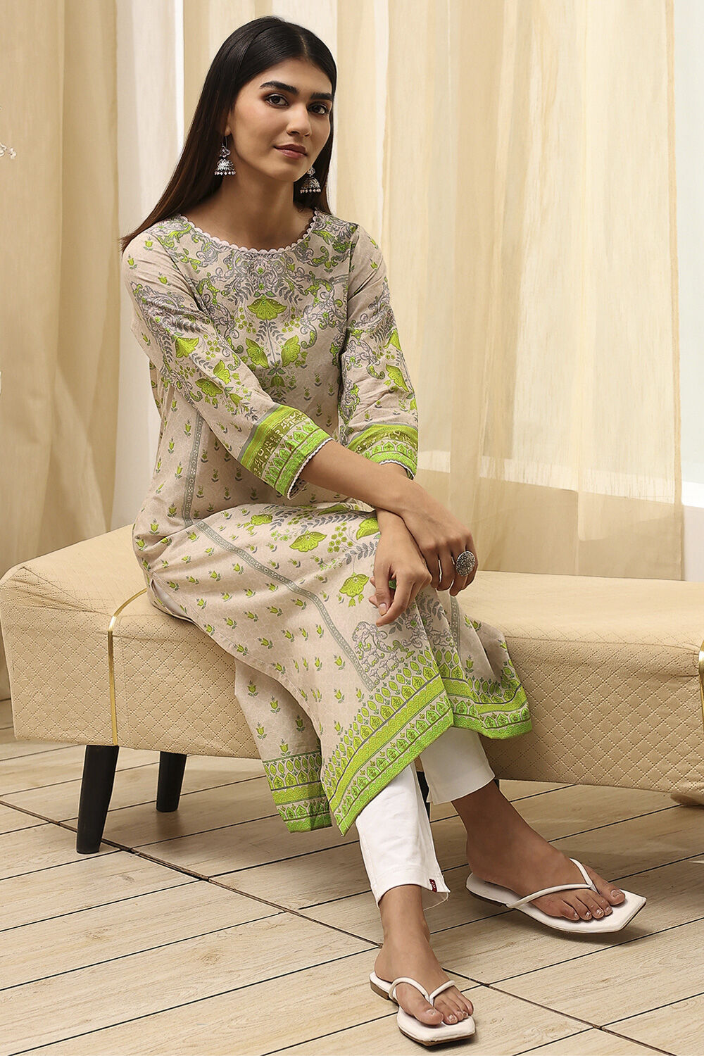 Green Cotton Printed Straight Kurta image number 0