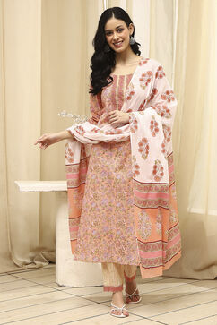Pink Cotton Screen Print Unstitched Suit Set image number 1