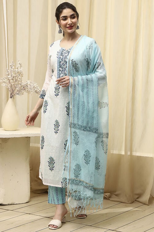 Blue Cotton Hand Block Print Unstitched Suit Set image number 1