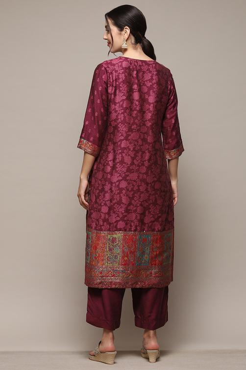 Wine Cotton Straight Yarndyed Kurta Palazzo Suit Set image number 5