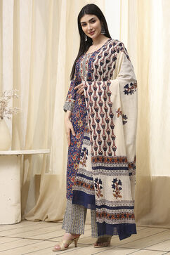 Blue Cotton Screen Print Unstitched Suit Set image number 4