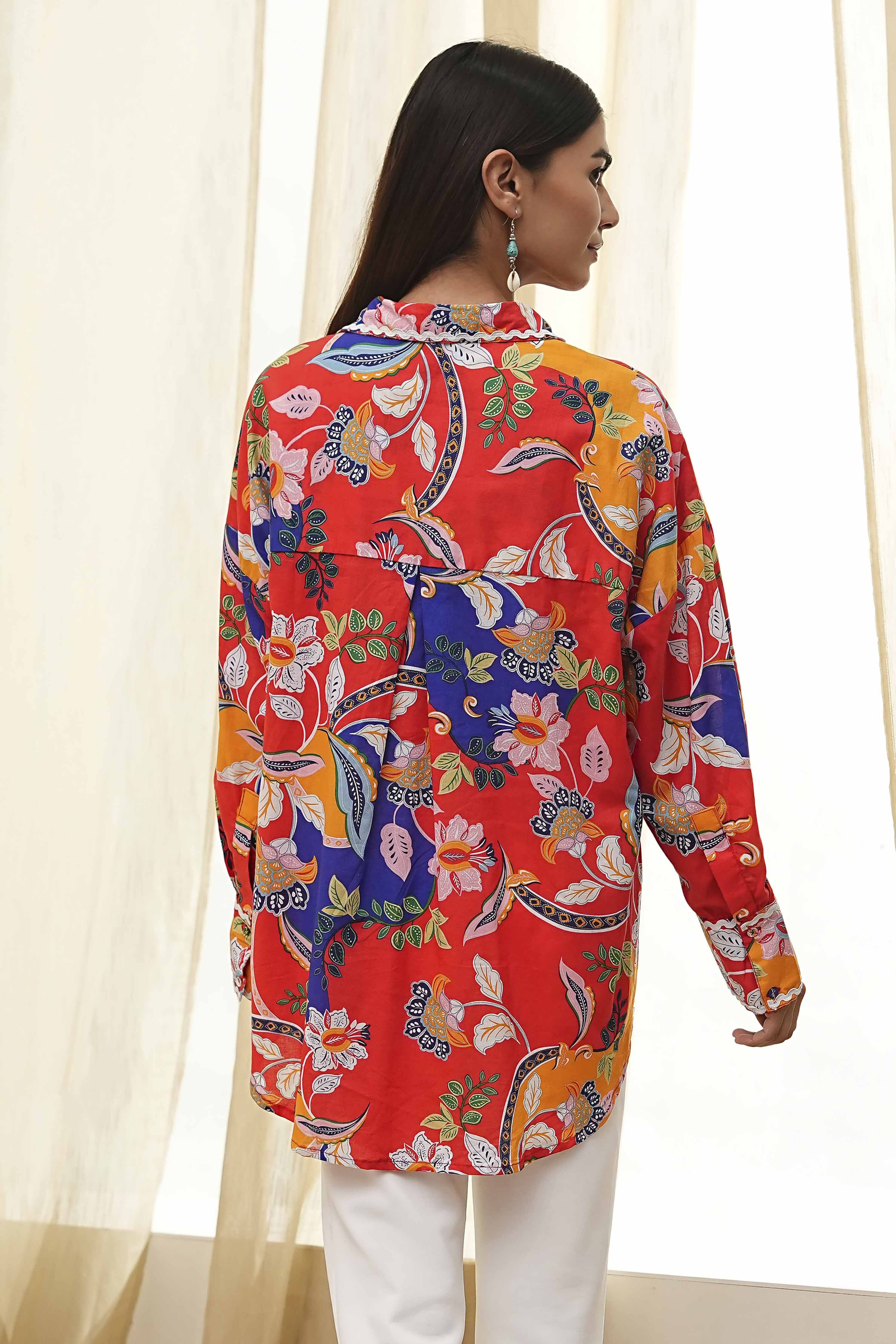 Orange Cotton Floral High-Low Shirt image number 3