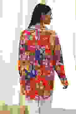 Orange Cotton Floral High-Low Shirt image number 3