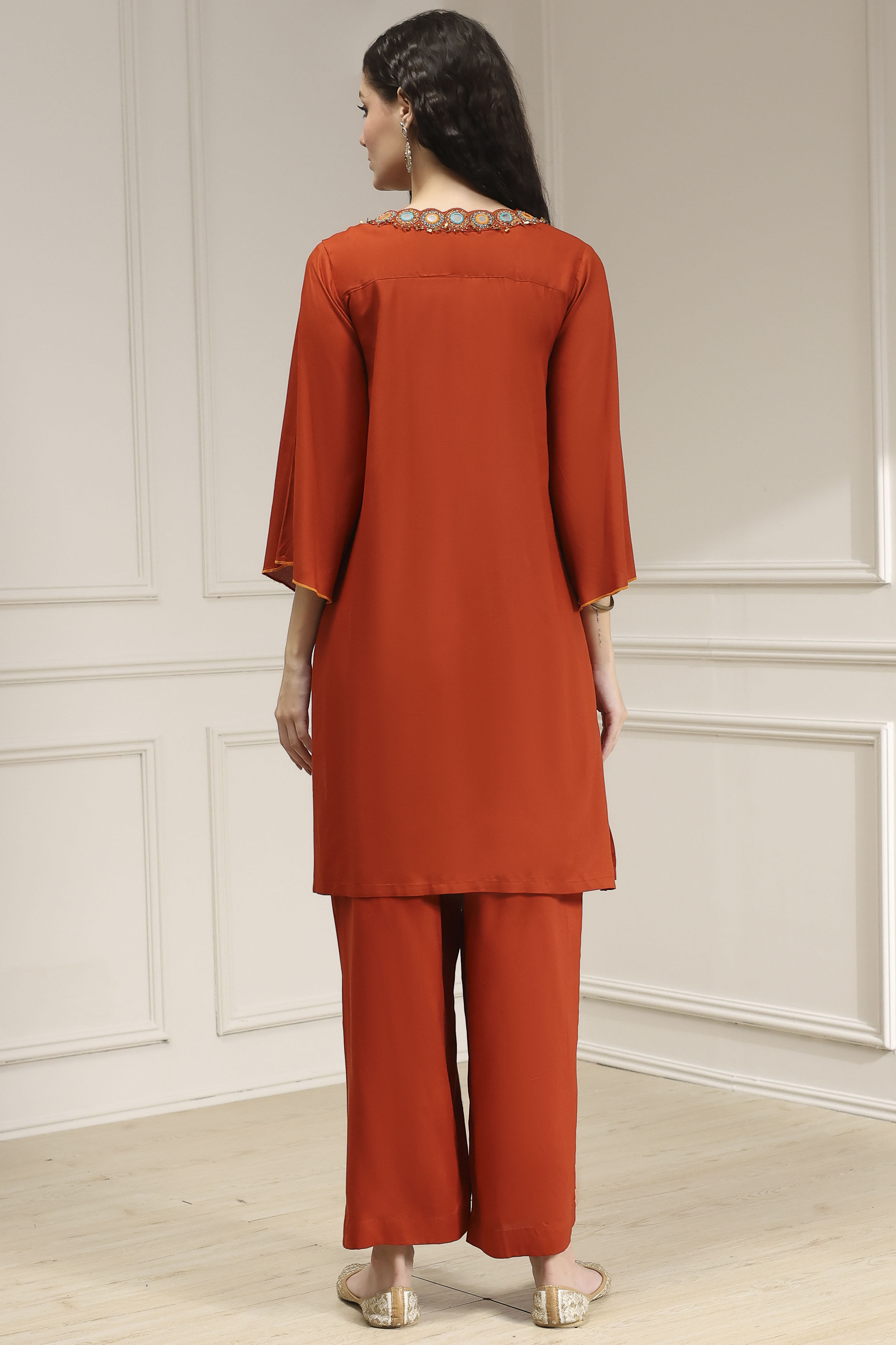Burnt Orange Solid Relaxed Straight Suit Set image number 4