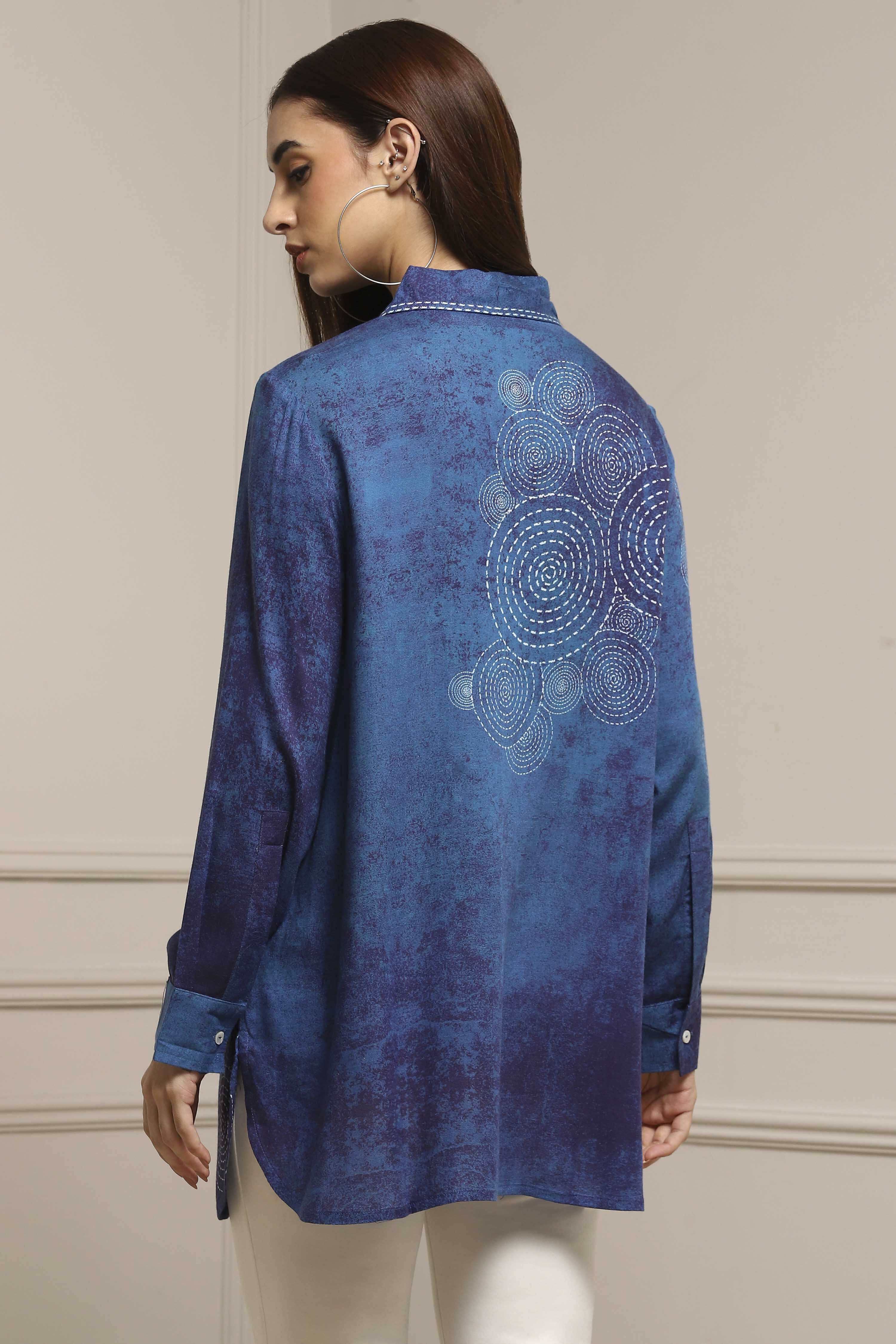 Blue Viscose Rayon A-Line Printed Top image number 3