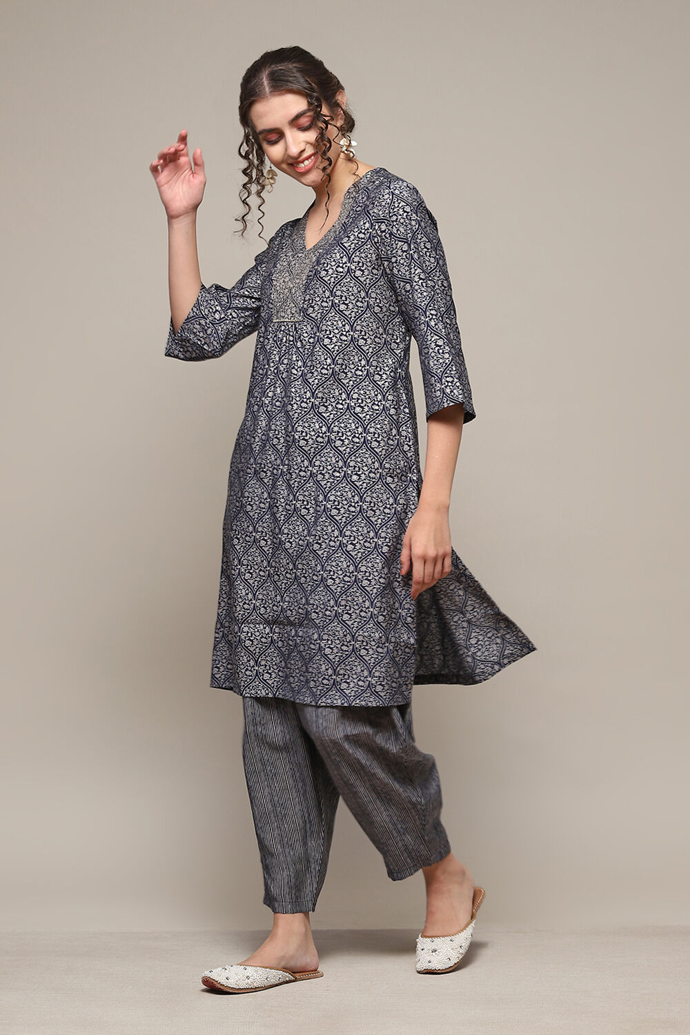 Navy Poly Viscose Straight Printed 2 Piece Set image number 3