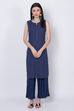 Denim Blue Cotton Front Open Printed Kurta image number 4