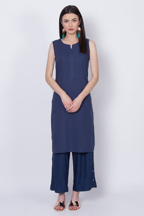 Denim Blue Cotton Front Open Printed Kurta image number 4