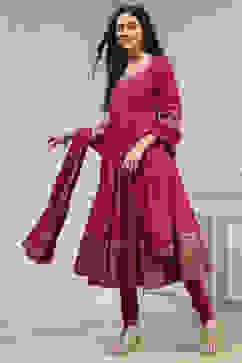 Cherry Red Cotton Printed Anarkali Suit Set image number 3