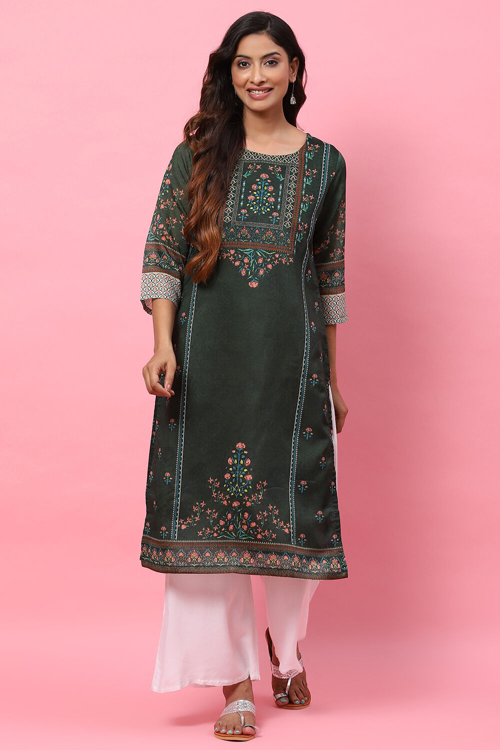 Dark Green A-Line Cotton Kurta image number 0