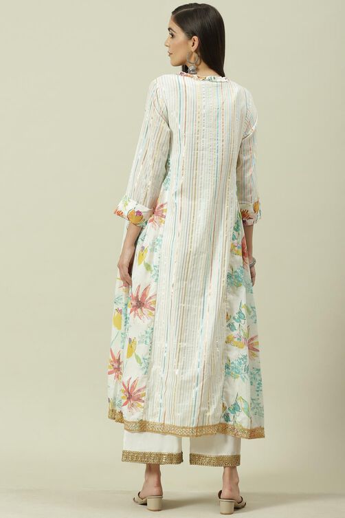 Off White Metallic Cotton A-Line Kurta Palazzo Suit Set image number 4