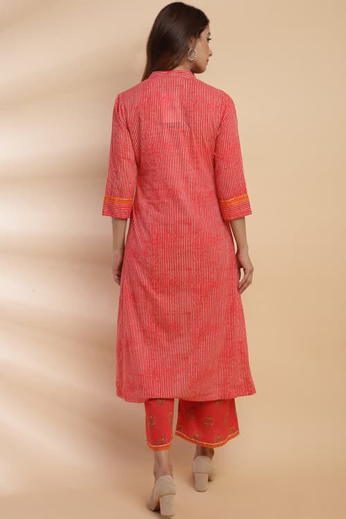 Teal Cotton A-Line Kurta Palazzo Suit Set image number 4
