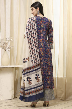 Blue Cotton Screen Print Unstitched Suit Set image number 5