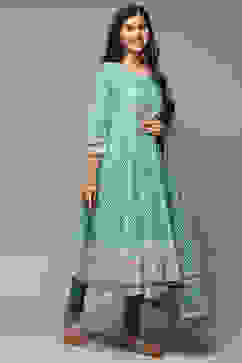 Sap Green Cotton Anarkali Kurta Churidar Suit Set image number 6