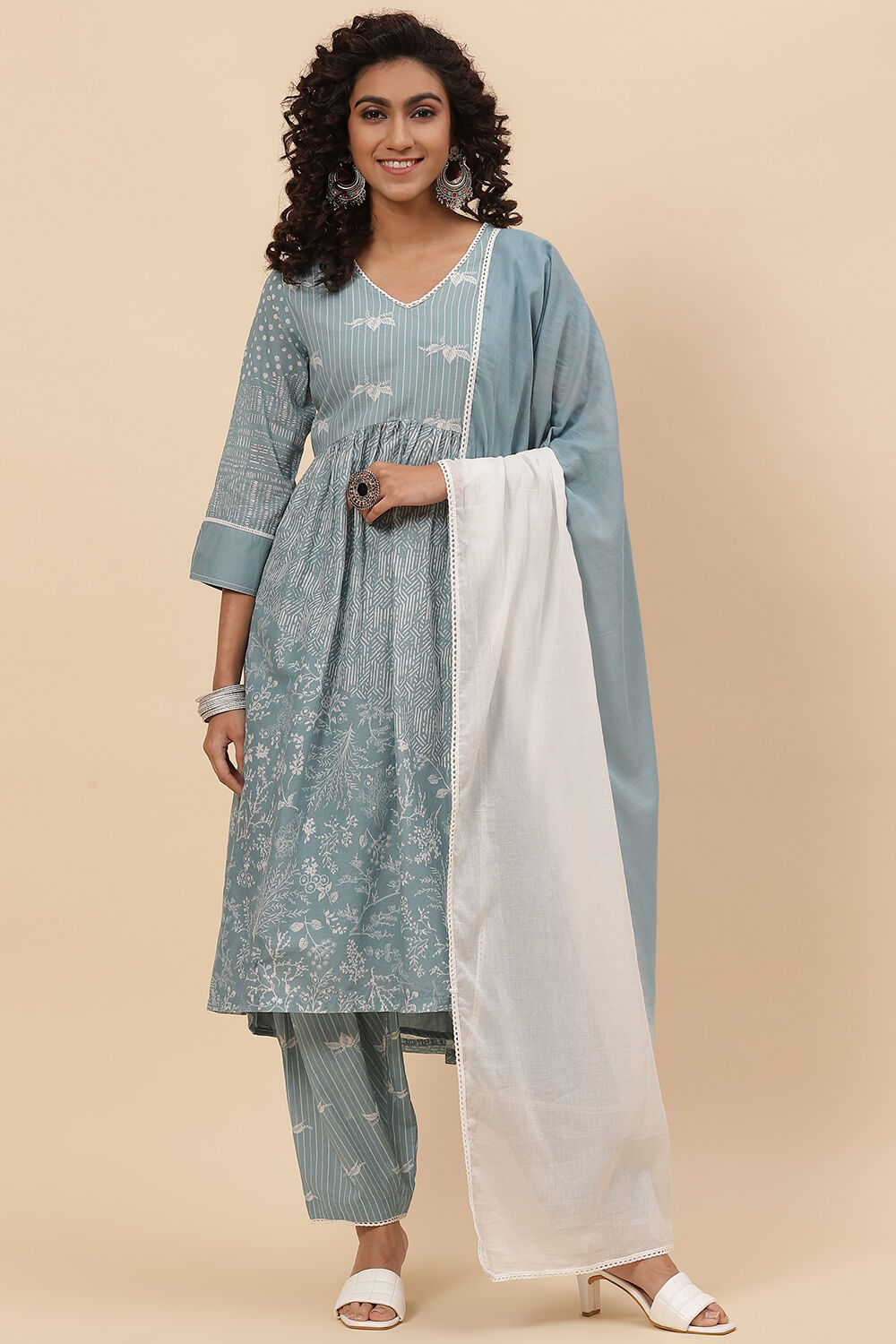 Steel Blue Cotton A-Line Kurta Cross Yoke Salwar Suit Set image number 0