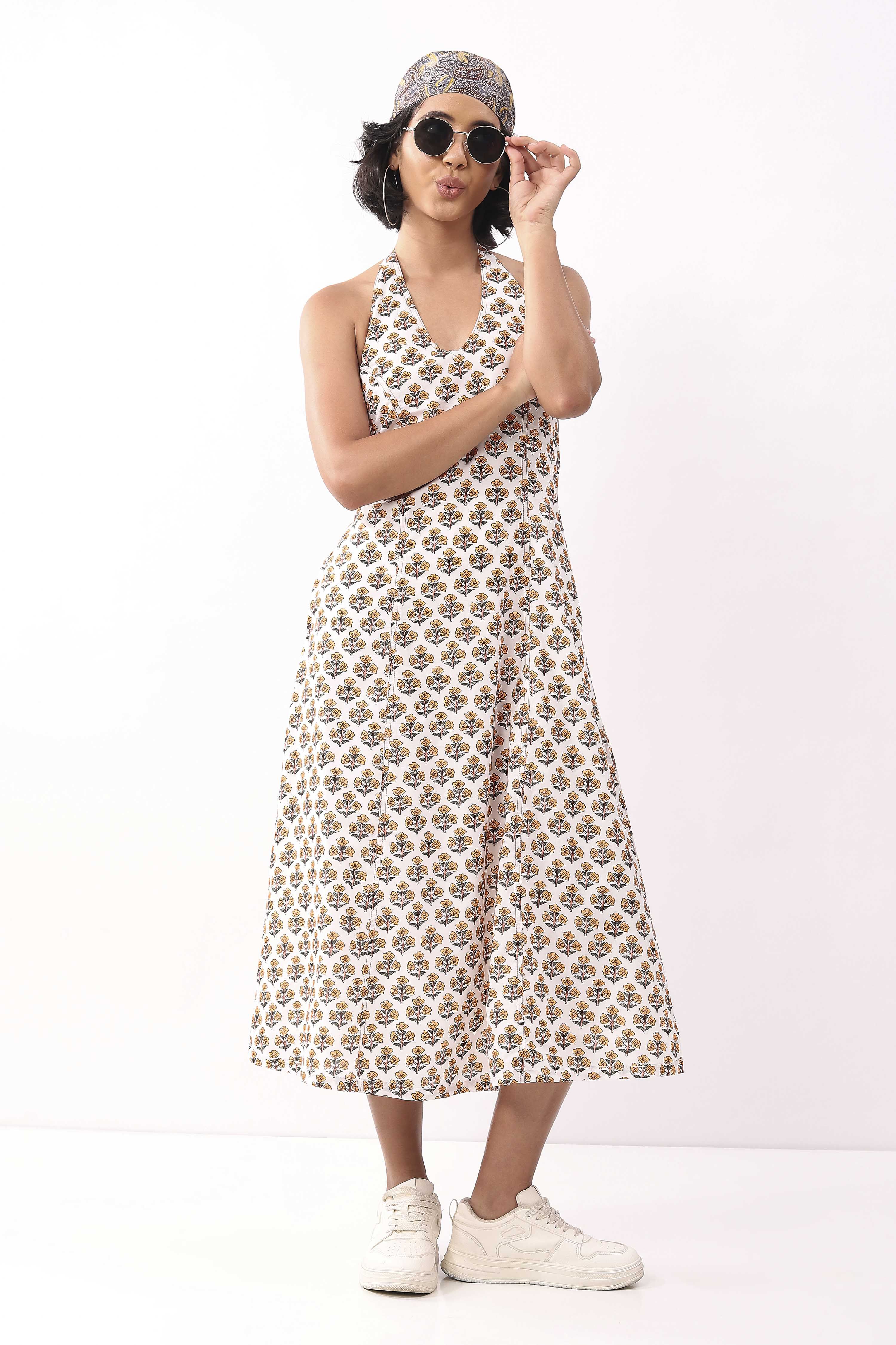 Ivory Cotton Printed A Line Dress image number 0
