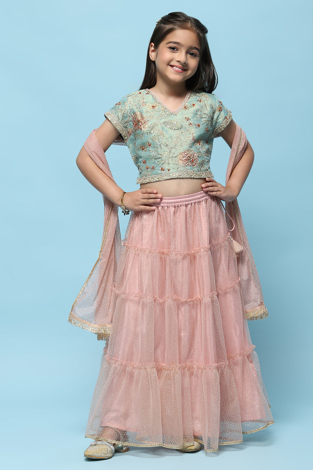 Green Cotton Tissue Blouse Tiered Lehenga & Net Dupatta image number 7