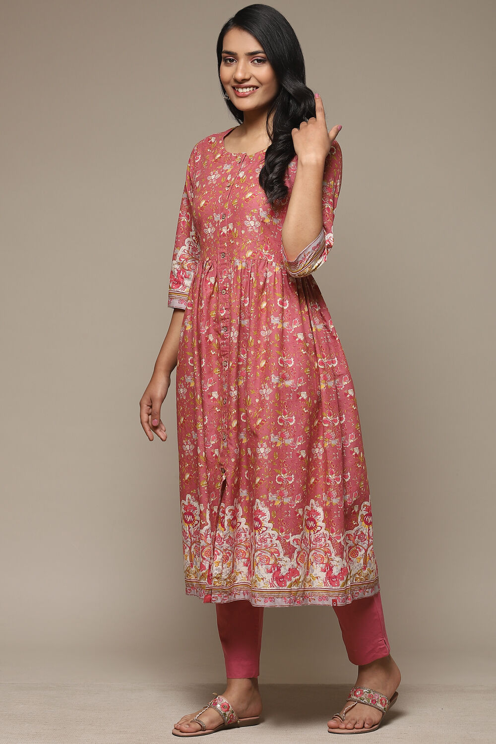 Blue Cotton Gathered Kurta Pants 2 Piece Set image number 3