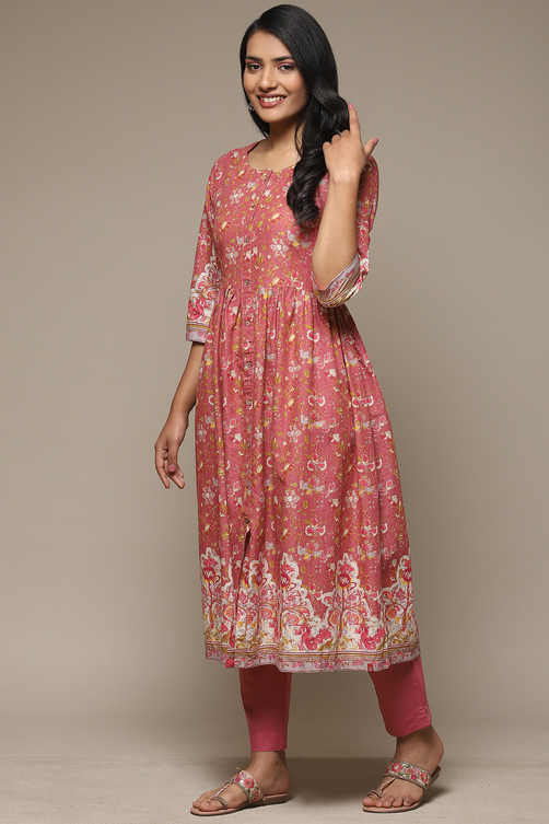 Blue Cotton Gathered Kurta Pants 2 Piece Set image number 3