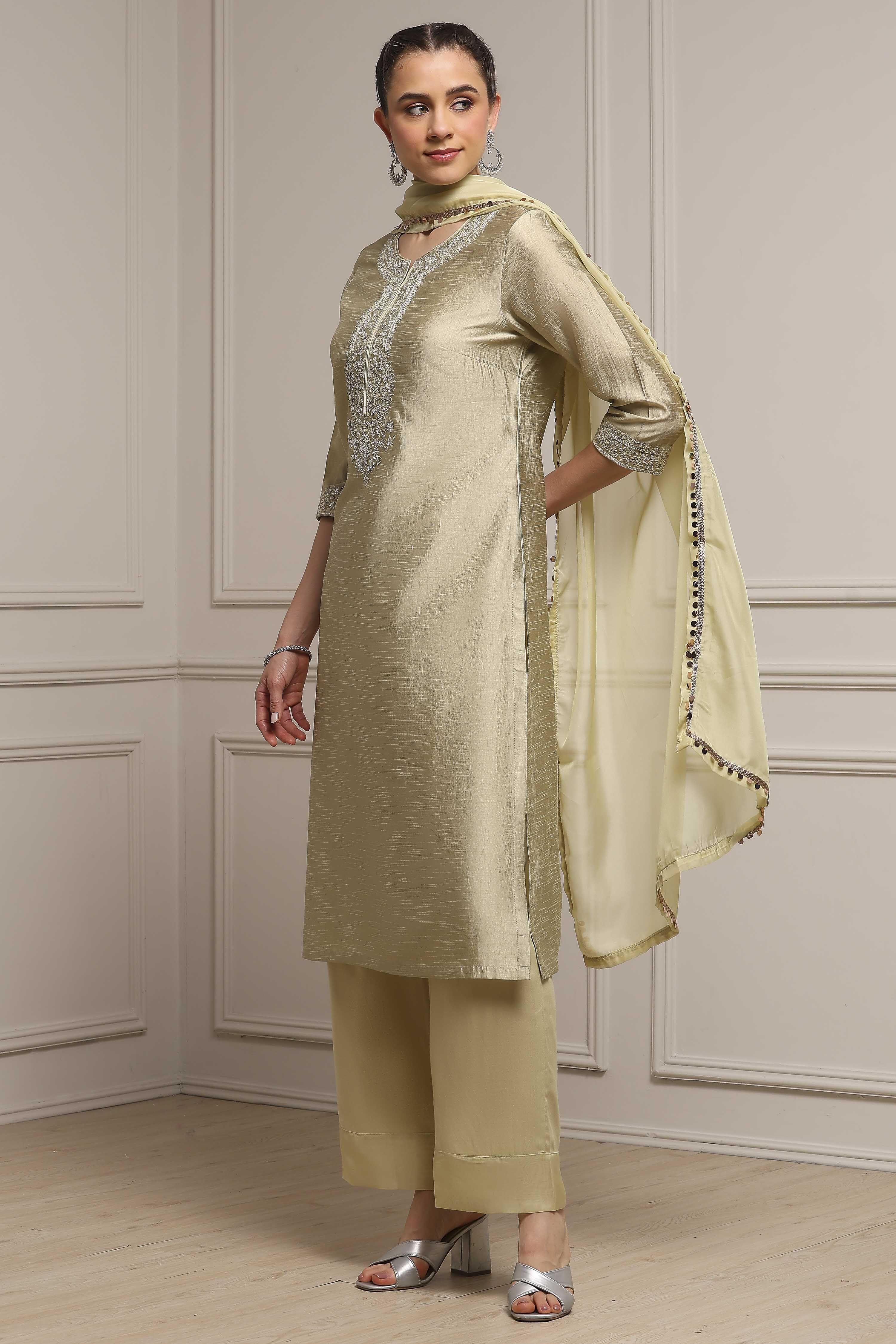 Light Green Art Silk Embroidered Straight Suit Set image number 3
