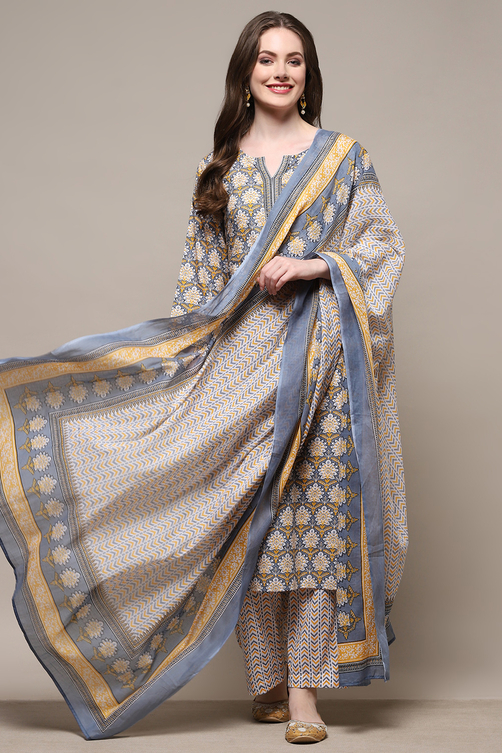 Blue Cotton Screen Printed Unstitched Suit Set image number 1