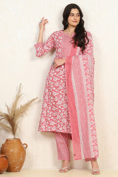 Pink Cotton Screen Printed Unstitched Suit Set image number 1