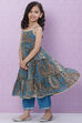 Blue Cotton Flared Printed Kurta Pant Set image number 4