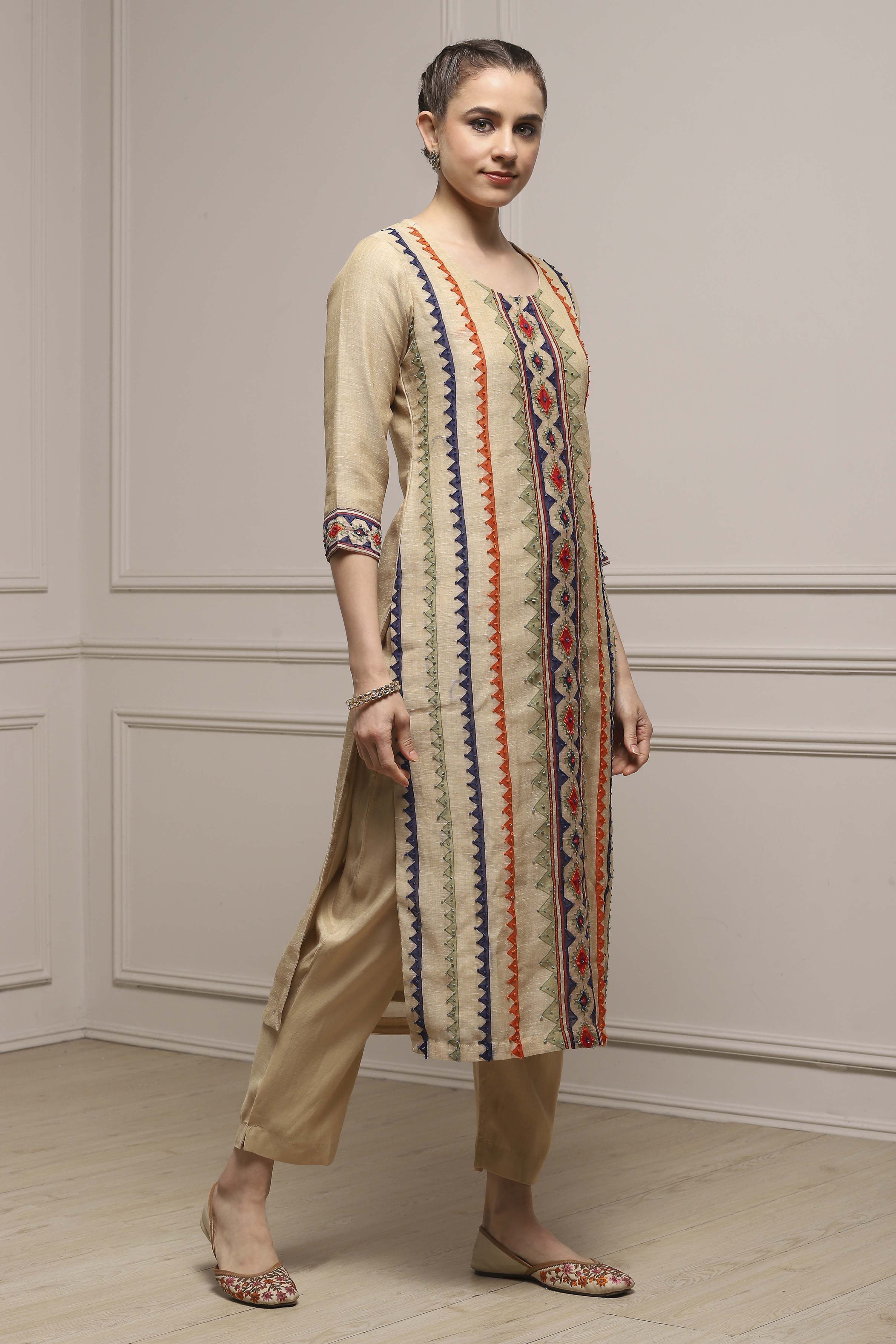 Beige Linen Blend Hand Painted Unstitched Suit Set image number 6