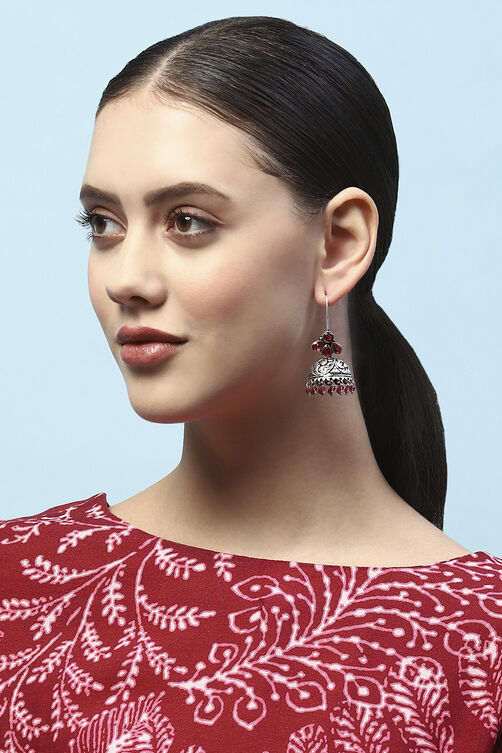 Dark Pink Oxidised Stone Studded Jhumkas image number 1