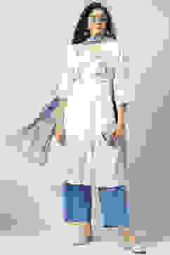 White Blue Cotton A-Line Kurta Palazzo Suit Set image number 8