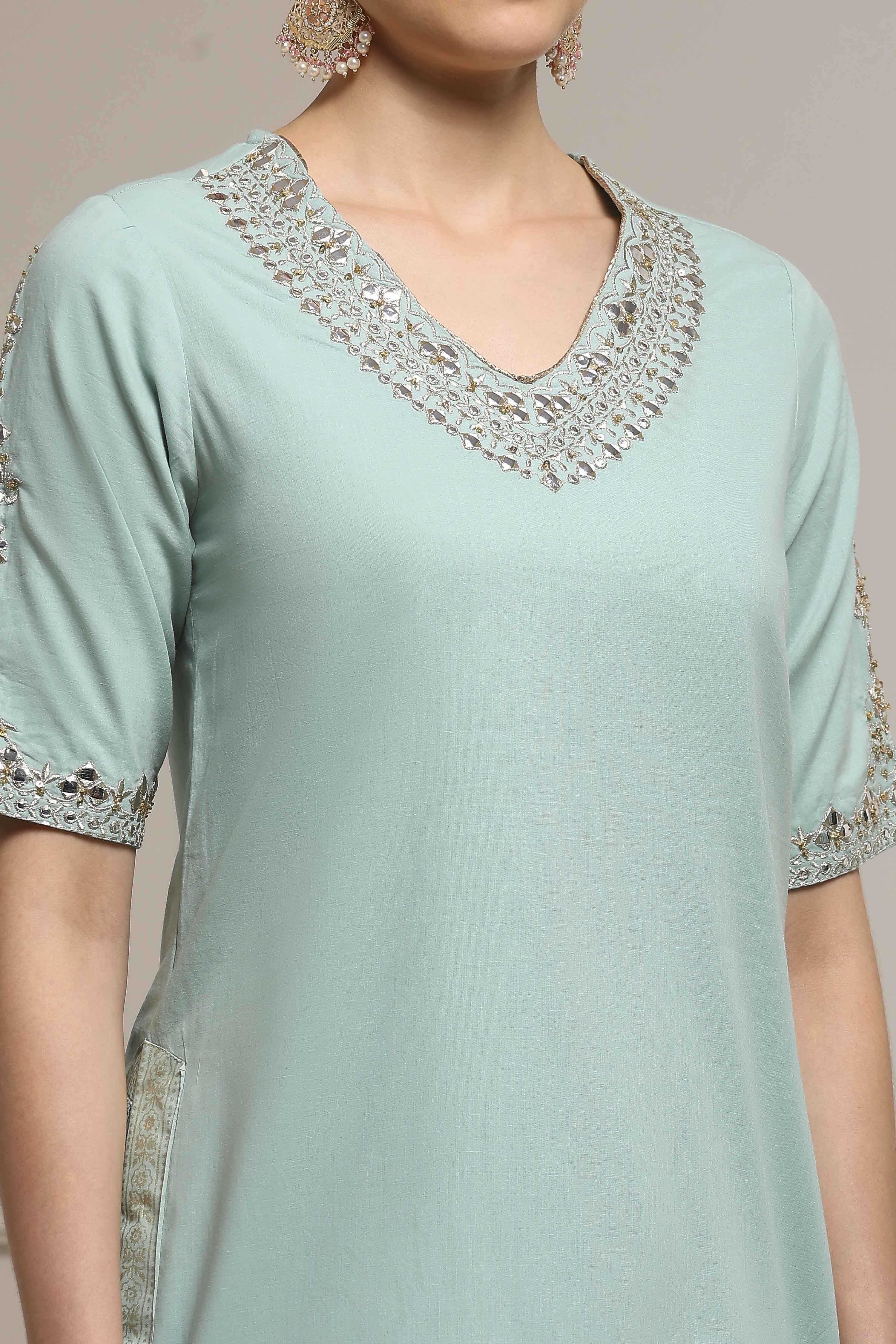 Light Green Cotton Straight Dyed Suit Set image number 1