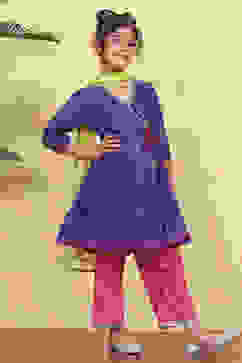 Purple Polyester Solid Kalidar Suit Set image number 5