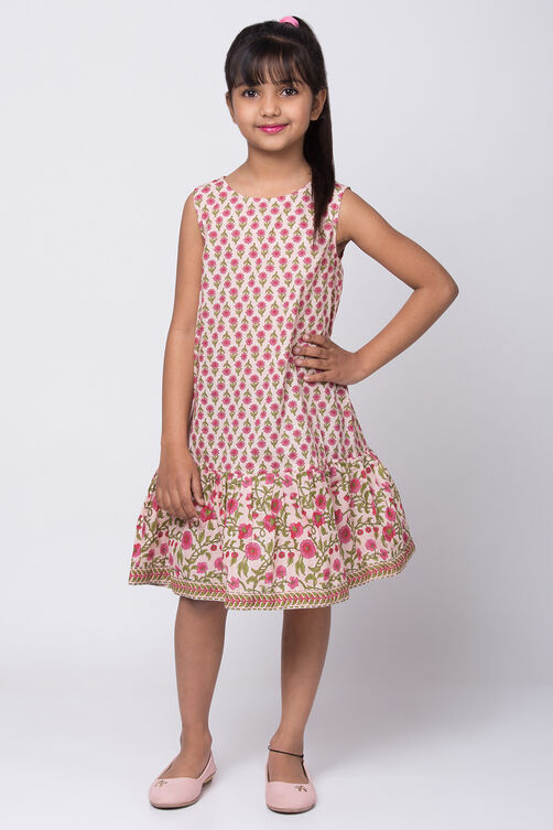 Peach Cotton A-Line Printed Dress image number 0