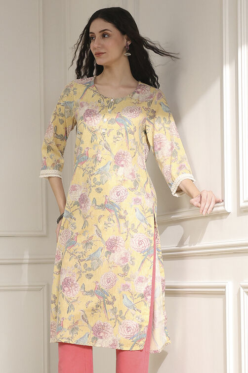Yellow Cotton Blend Printed Straight Kurta image number 6