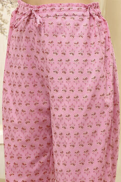 Pink Cotton Screen Print Unstitched Suit Set image number 3