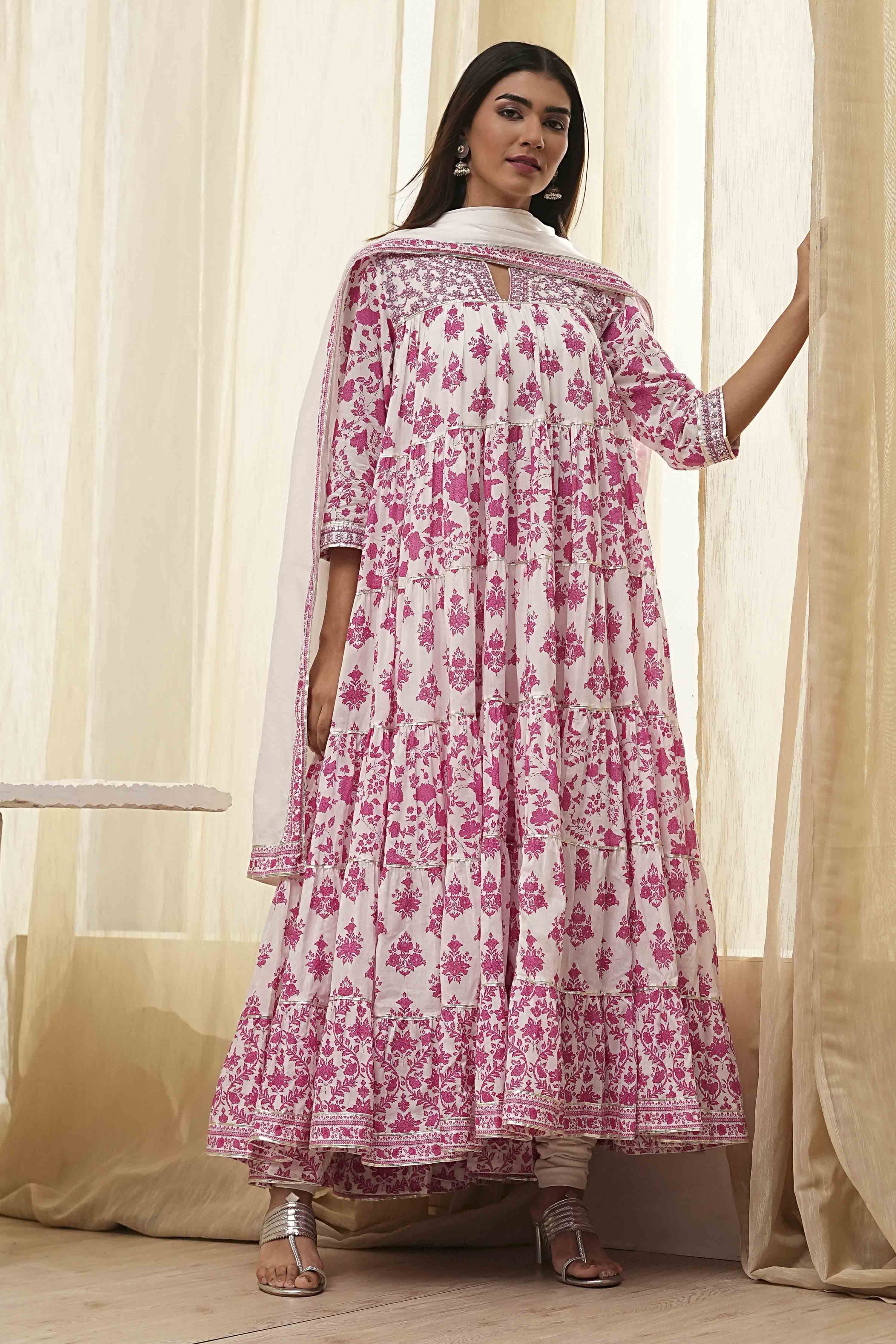 Off-White and Pink Cotton Floral Tiered Suit Set image number 0