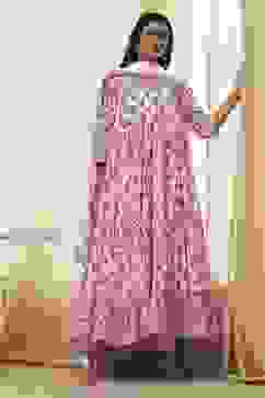 Off-White and Pink Cotton Floral Tiered Suit Set image number 0