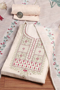 Beige Cotton Blend Machine Embroidered Unstitched Suit Set image number 0