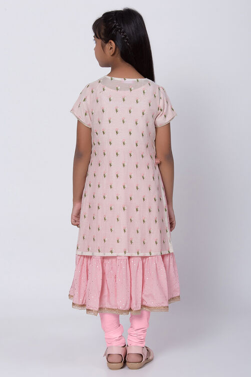 Off White Poly Cotton Flared Kurta Churidar Suit Set image number 5